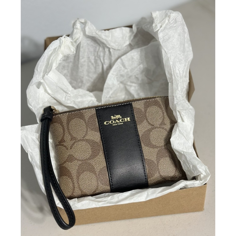 Coach Corner Zip Wristlet Wallet in Signature Canvas with Stripe Brown Black NEW - Picture 7 of 9